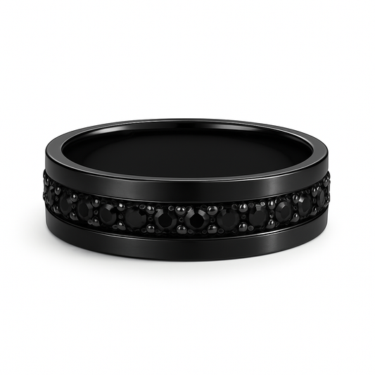 Black ring with embedded stones on a white background