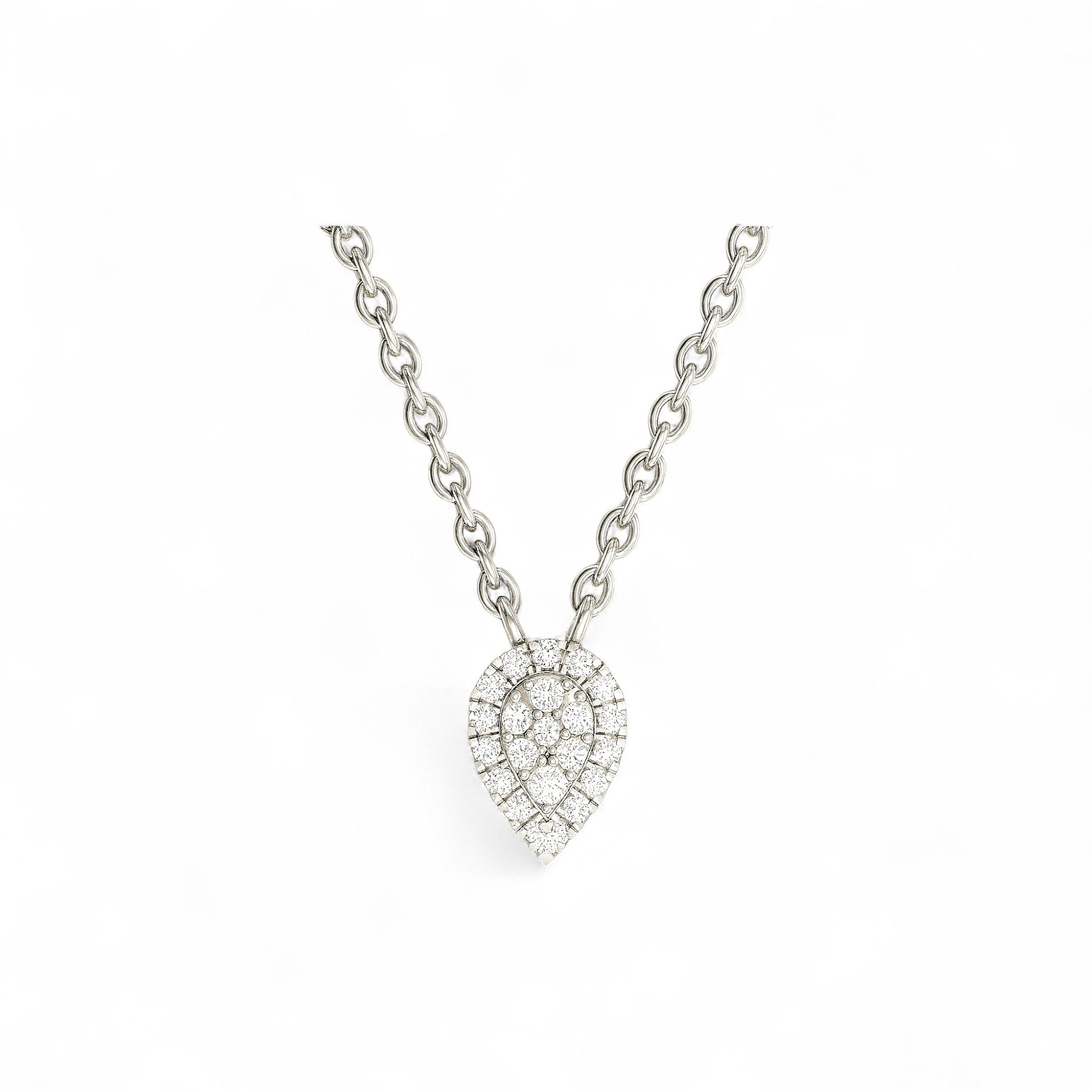 Silver necklace with a teardrop-shaped pendant on a white background