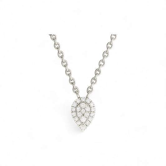 Silver necklace with a teardrop-shaped pendant on a white background