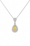 Teardrop-shaped pendant with yellow center and diamond accents on a white background