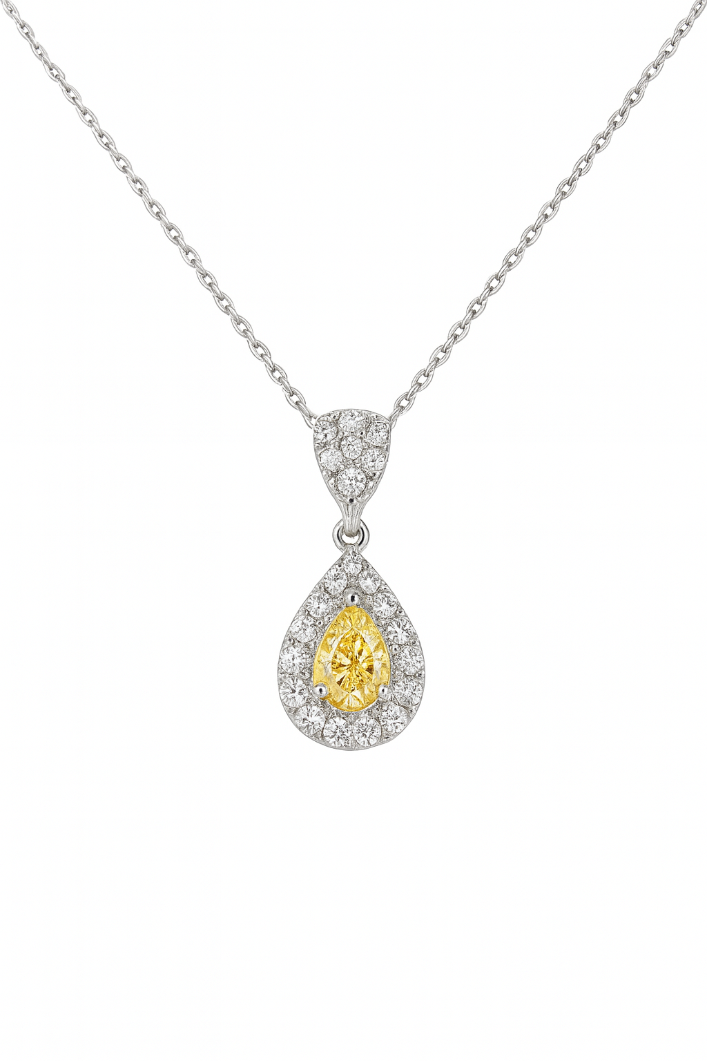 Teardrop-shaped pendant with yellow center and diamond accents on a white background