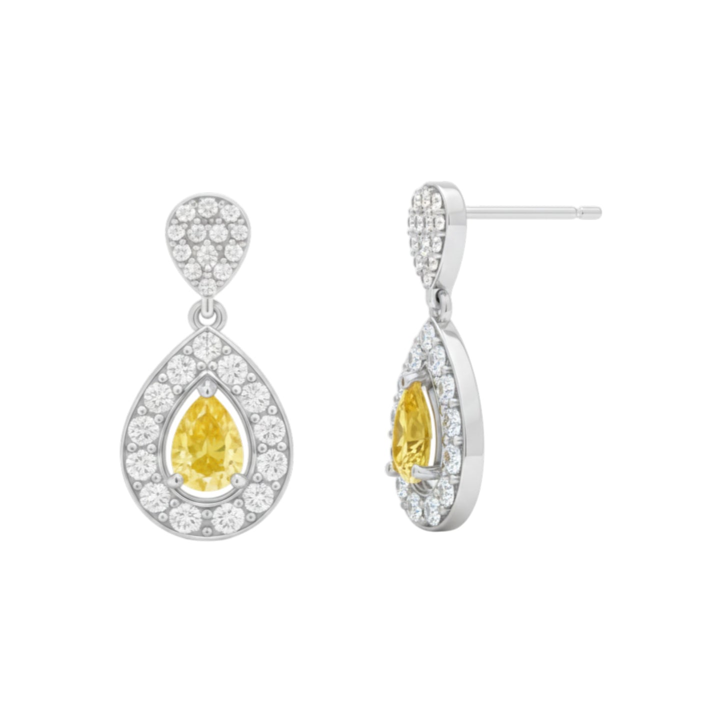 Teardrop-shaped yellow gemstone earrings with silver and clear stone accents on a white background