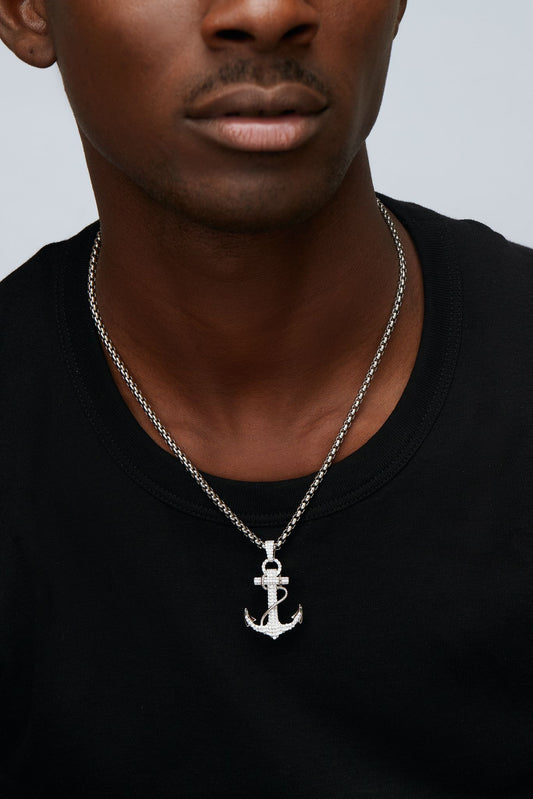 Anchor CZ Pendant Necklace in 925 Sterling Silver