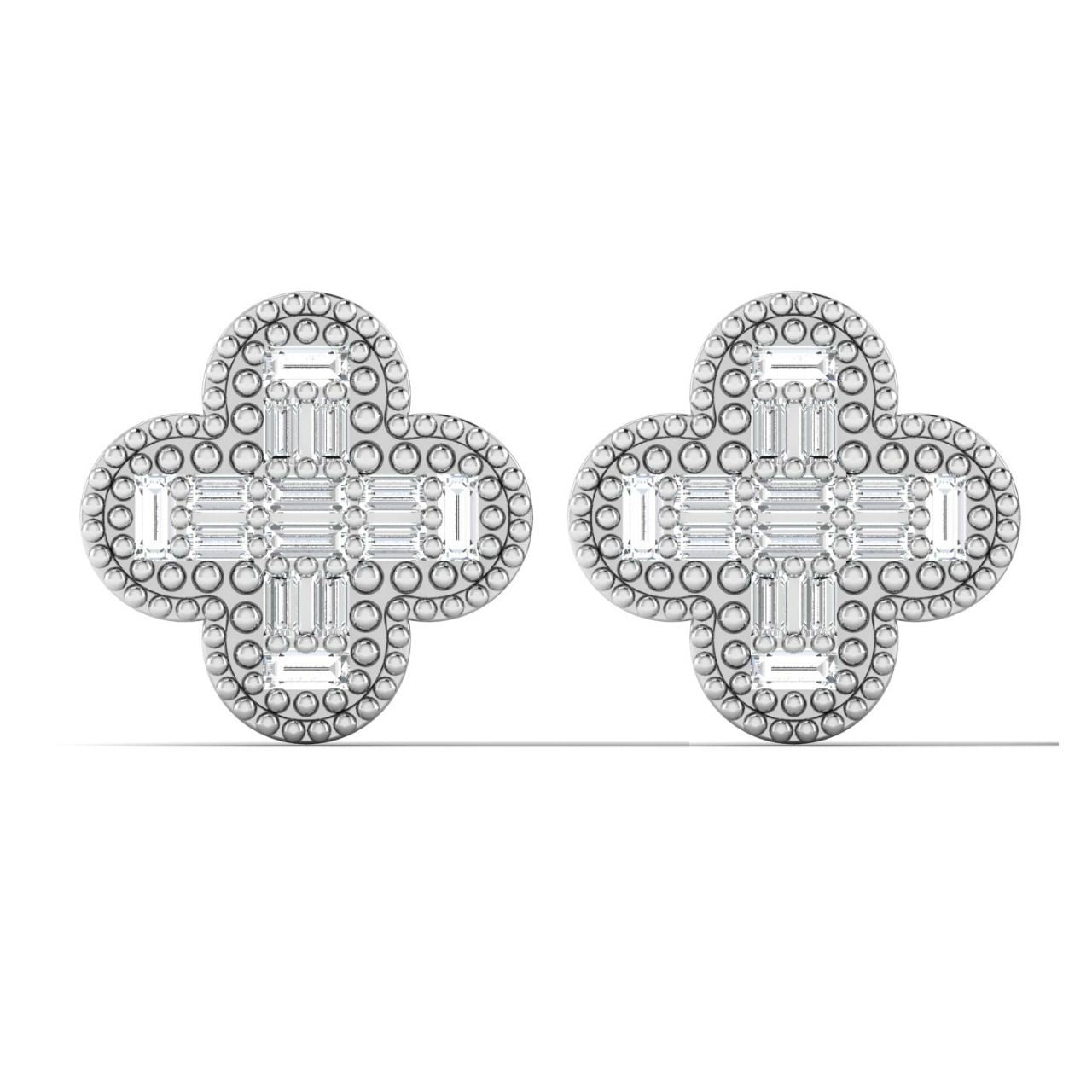 Baguette Clover Natural Diamond Stud Earrings and Necklace Set