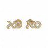 Gold earrings with 'xoxo' design on a white background