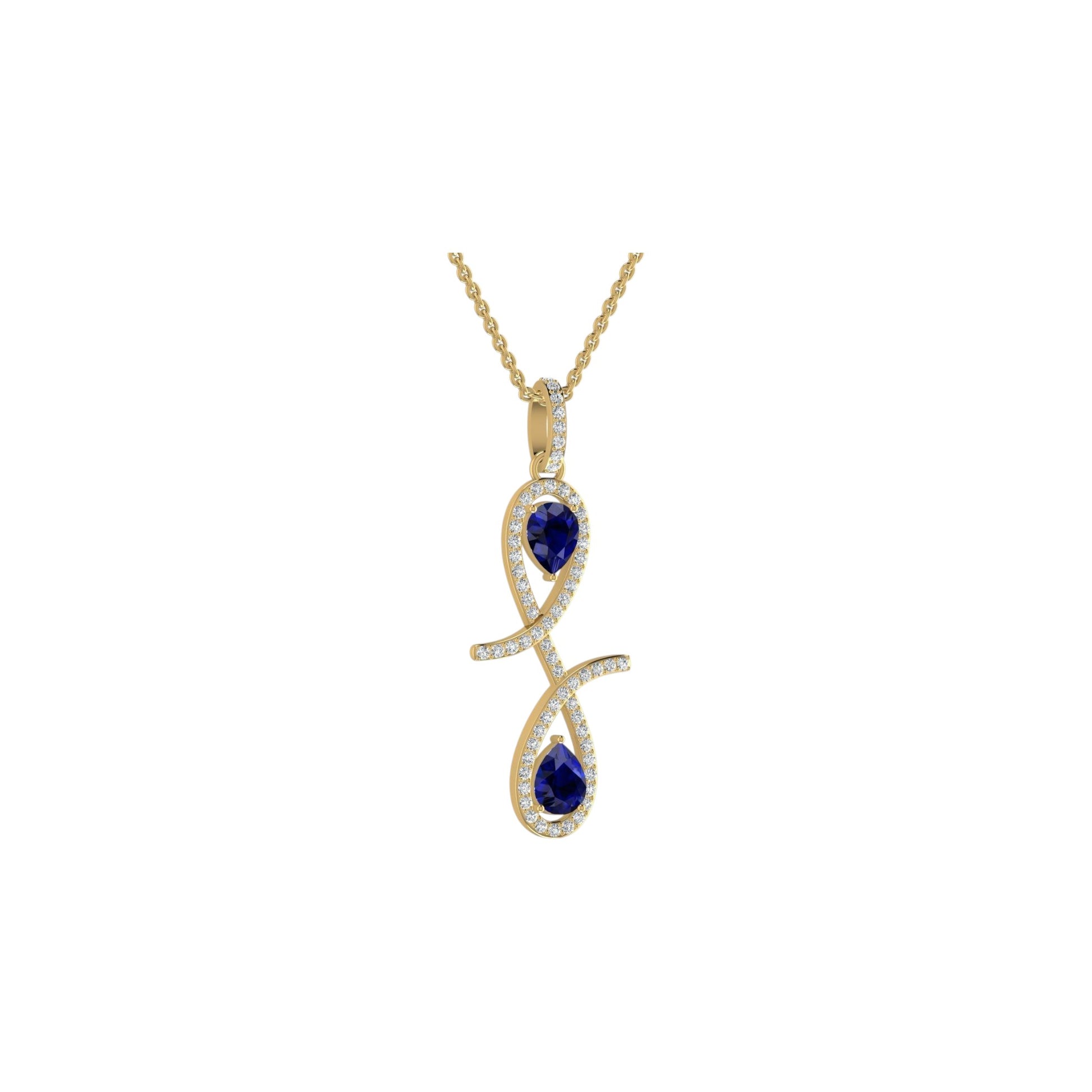Gold necklace with a pendant featuring blue gemstones on a white background