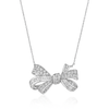 Silver bow-shaped pendant necklace on a white background