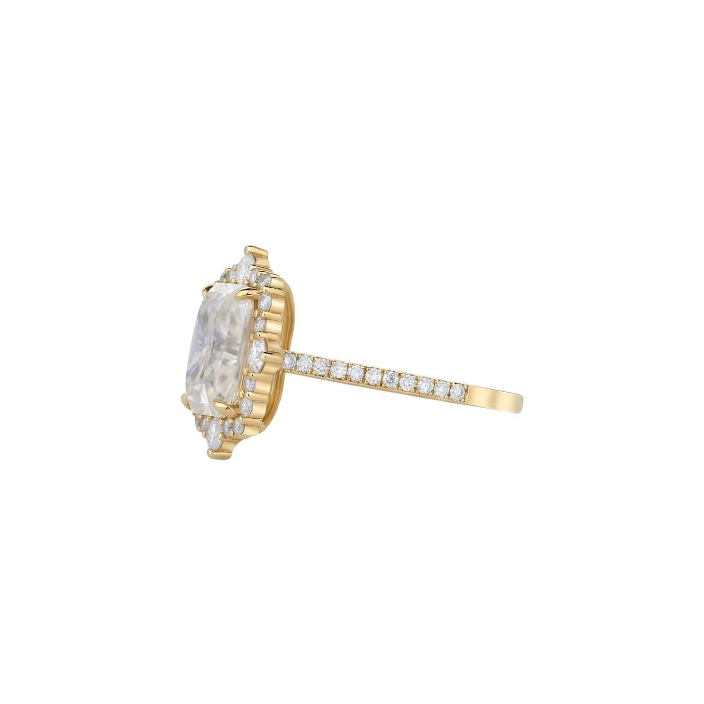 Gold ring with a large marquise-shaped diamond and smaller diamonds on a white background