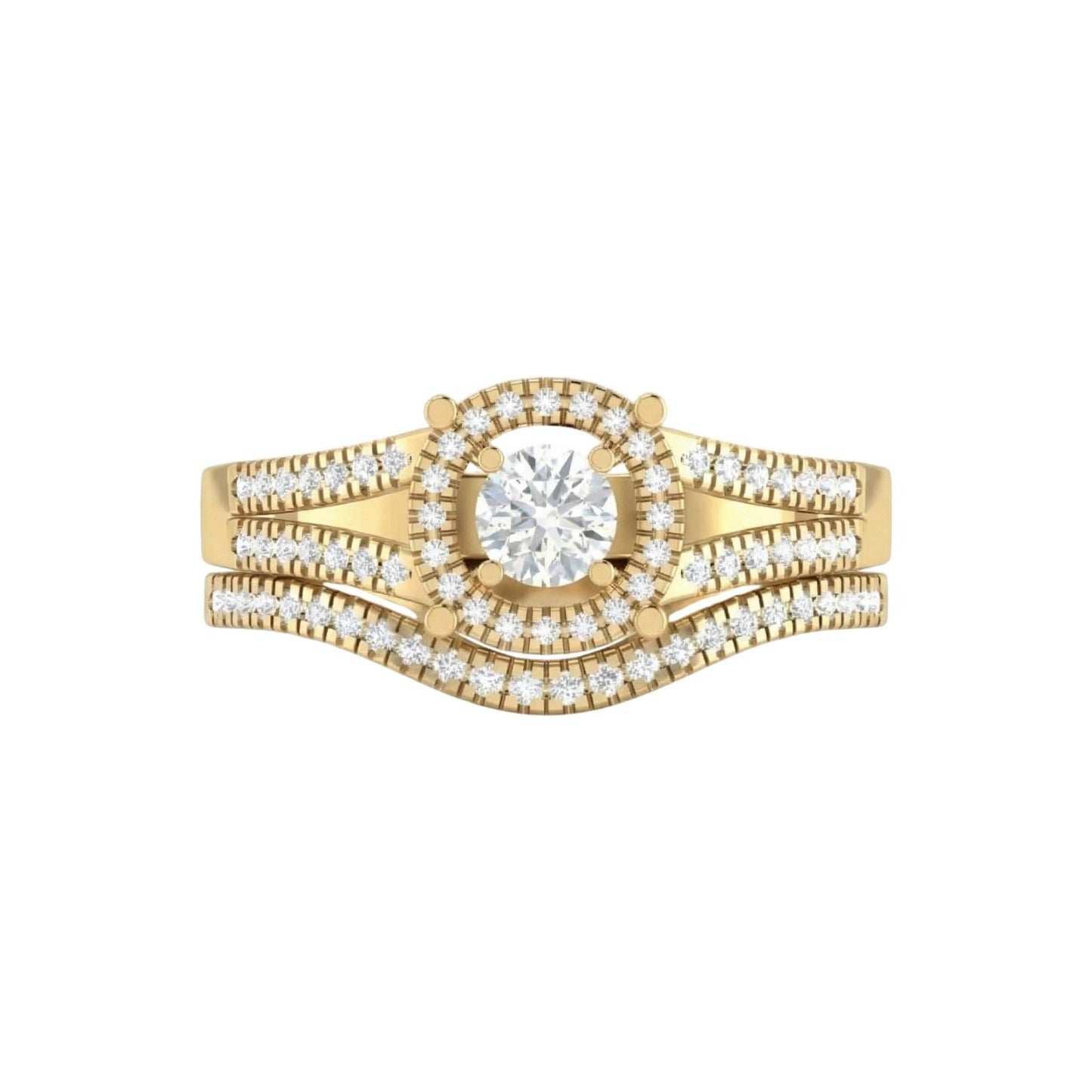 Gold ring with a central diamond and smaller diamonds on a white background