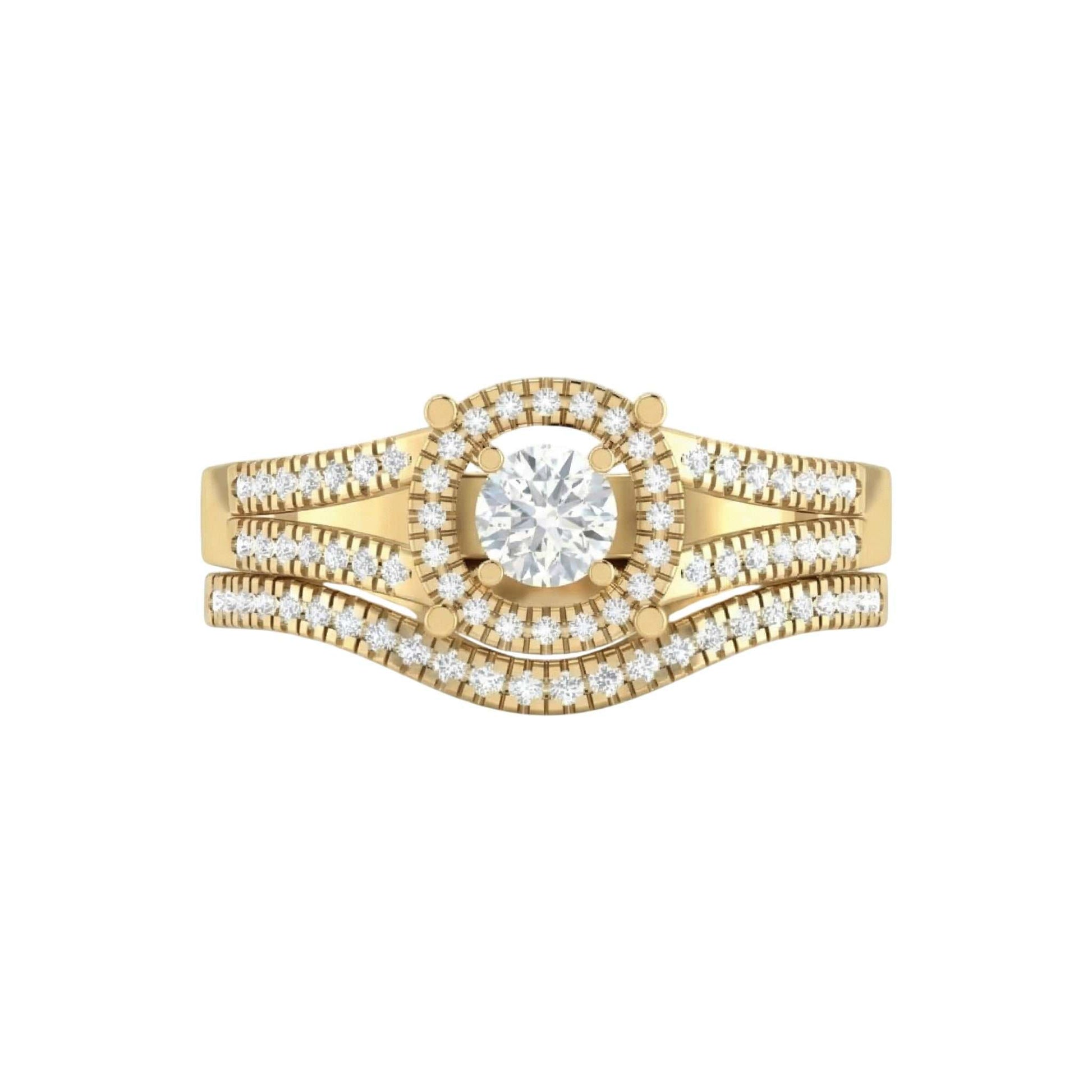Gold ring with a central diamond and smaller diamonds on a white background