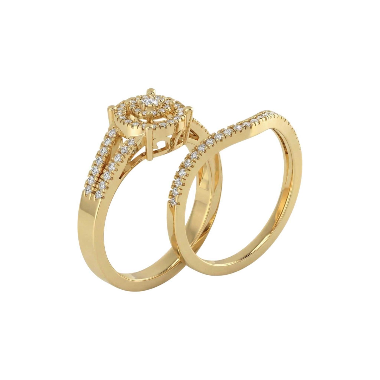 Gold ring with diamond accents on a white background