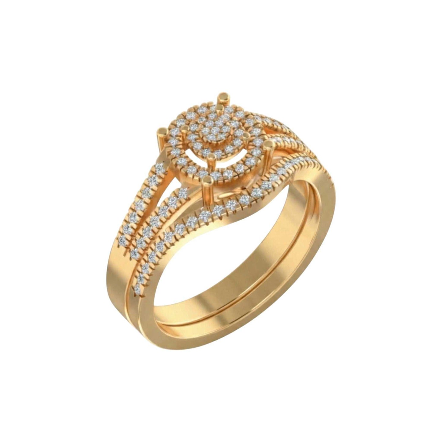 Gold ring with diamond accents on a white background