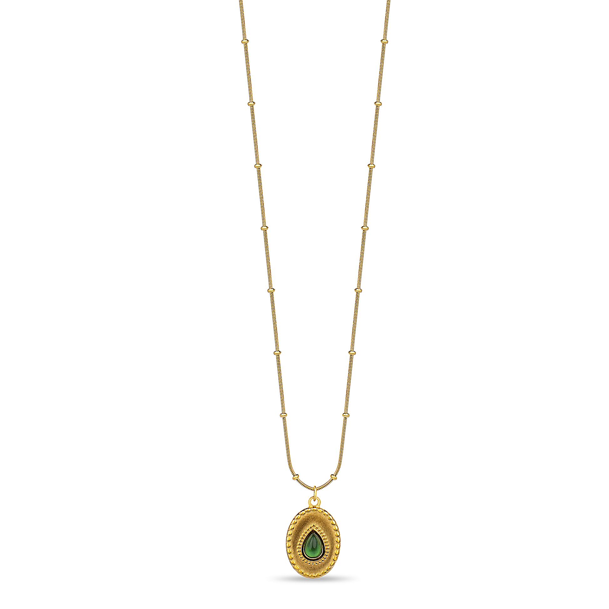 A gold-colored hypoallergenic steel necklace with a green eye-shaped pendant on a white background
