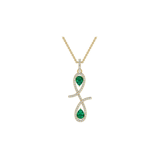 Gold necklace with a pendant featuring green gemstones on a white background