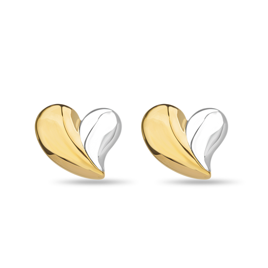 A pair of heart-shaped hypoallergenic steel earrings with a duo-tone design, featuring gold and silver colors.