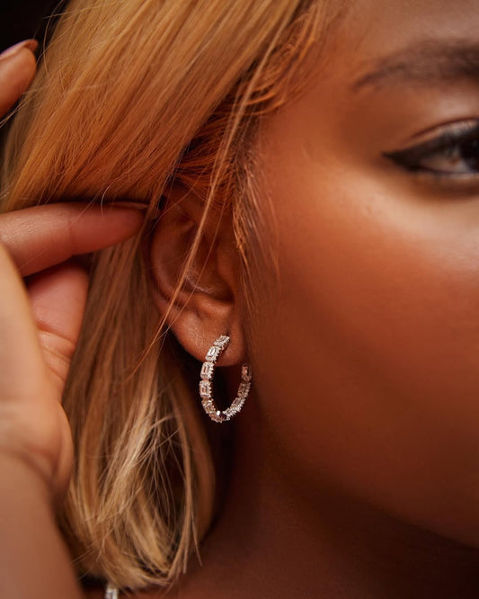 Round and Baguette Diamond Hoops Earring