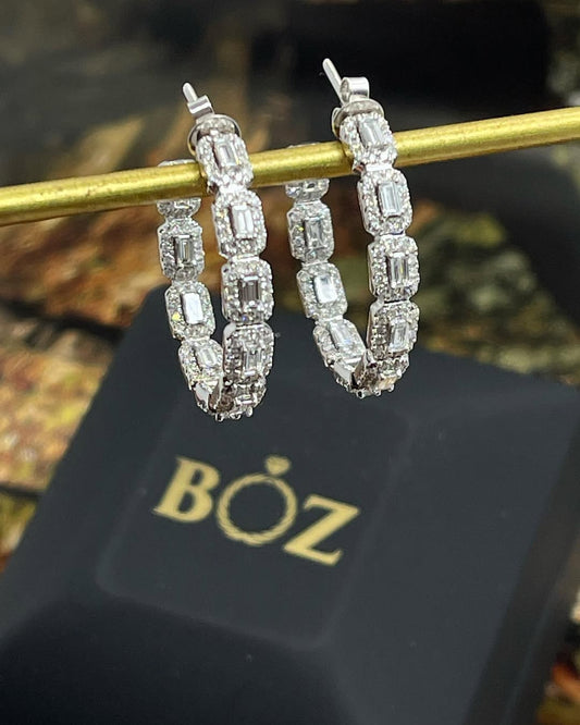Round and Baguette Diamond Hoops Earring