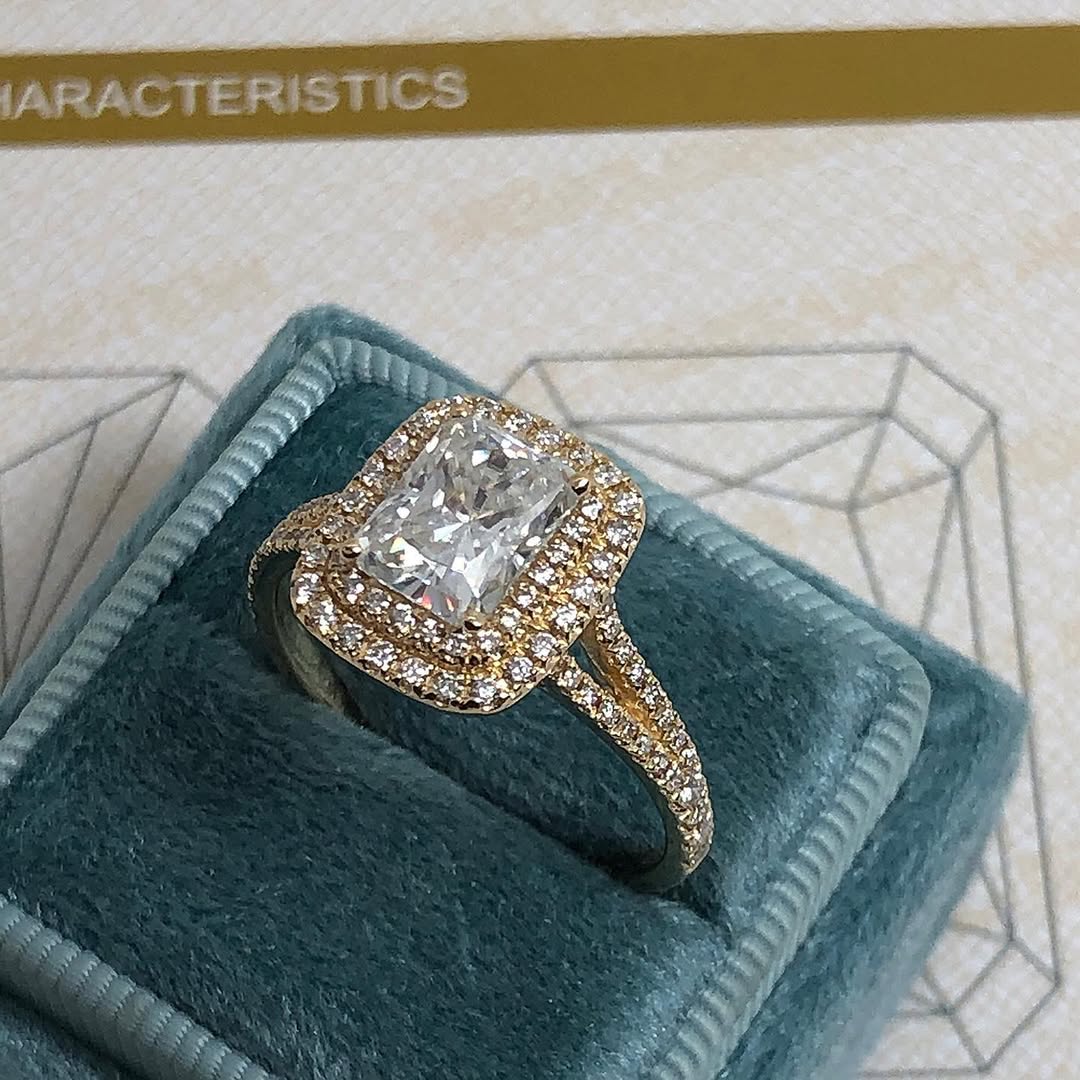 Classic Double Halo Moissanite and Diamond Engagement Ring in 18K Gold