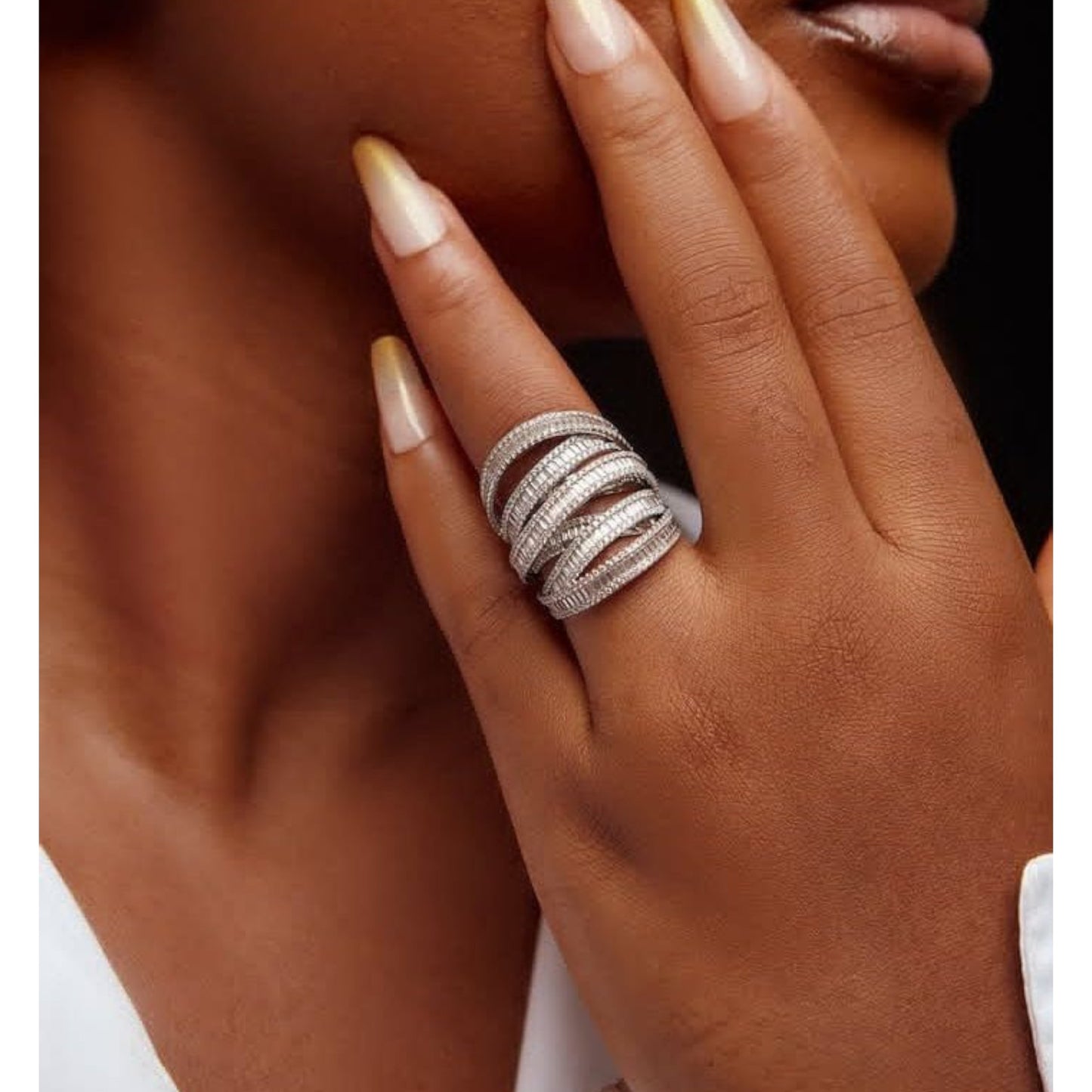 Layered Crisscross Baguette Cut Tri Tone Moissanite Ring in 18 karat Gold