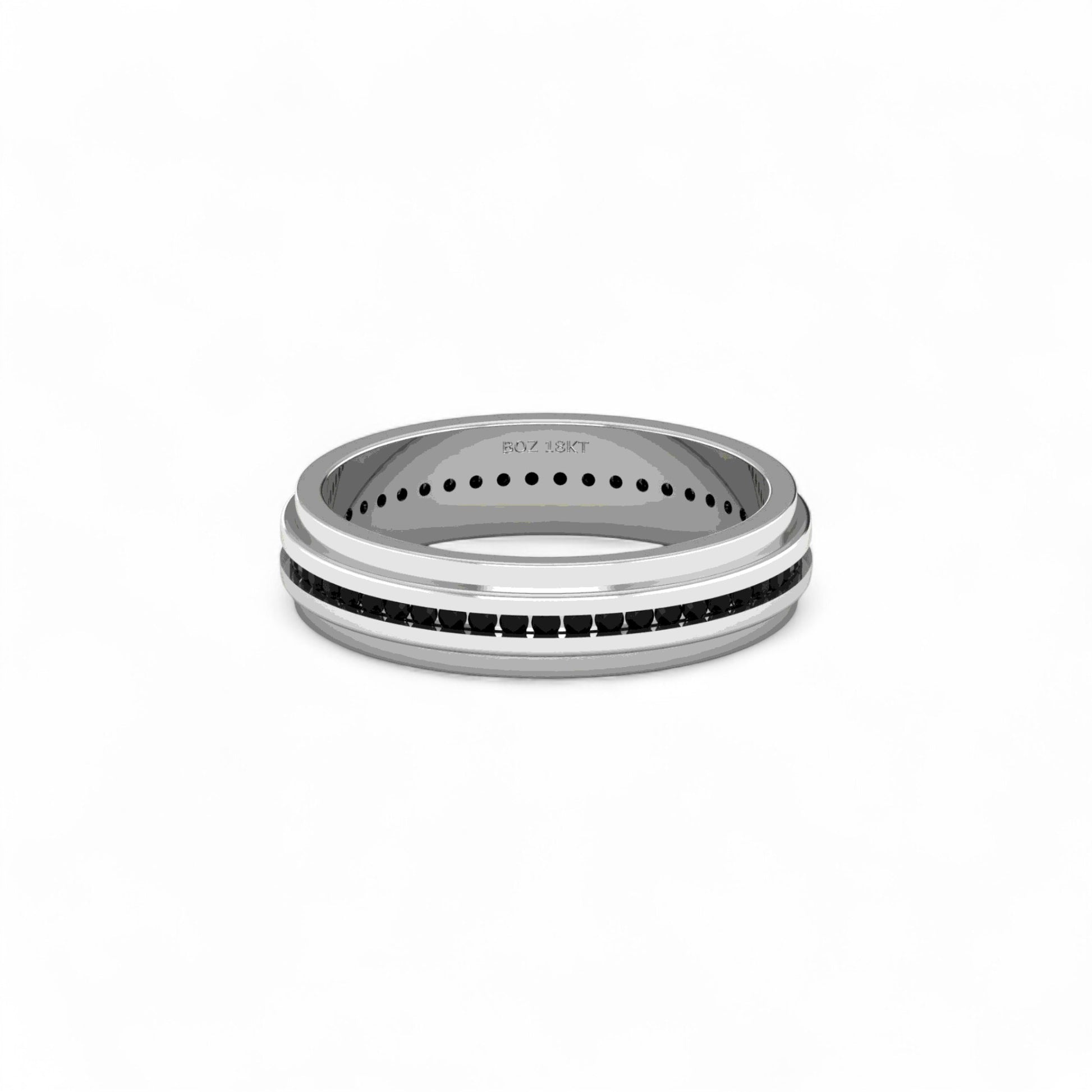 Silver ring with black accents on a white background
