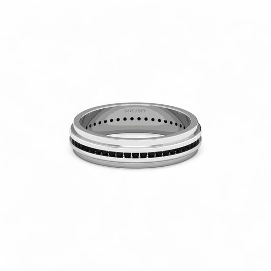 Silver ring with black accents on a white background