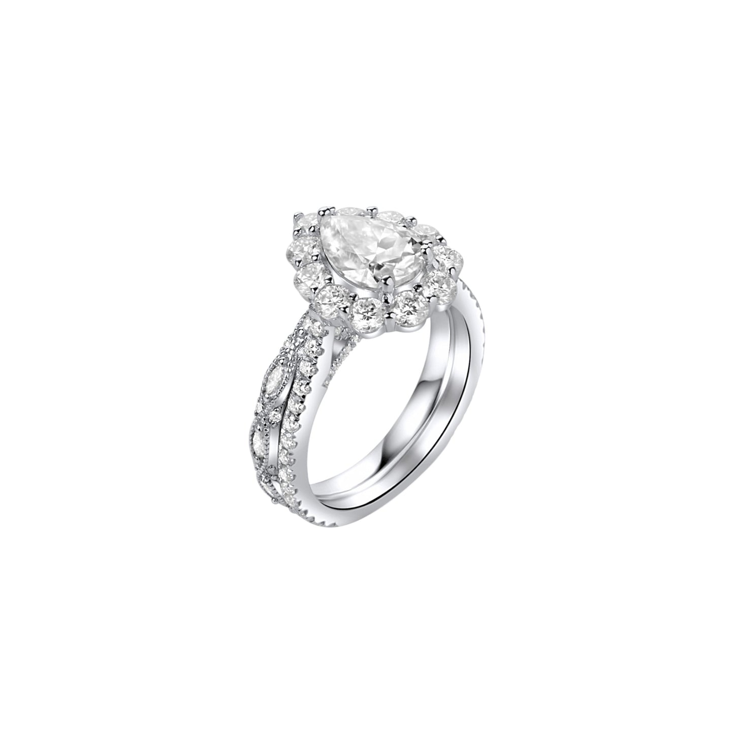 Silver ring with a large diamond and smaller diamonds on a white background