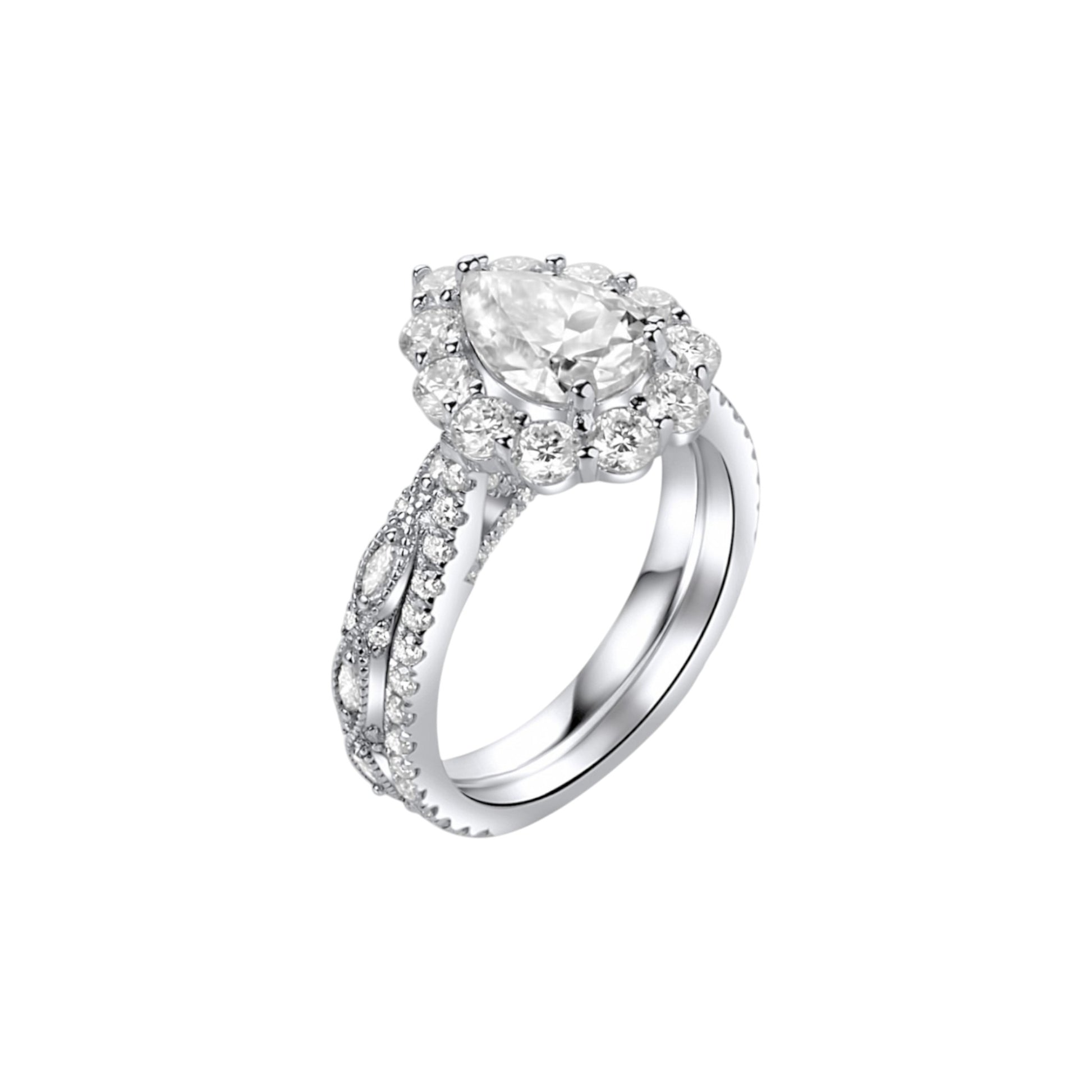 Silver ring with a large central gemstone on a white background